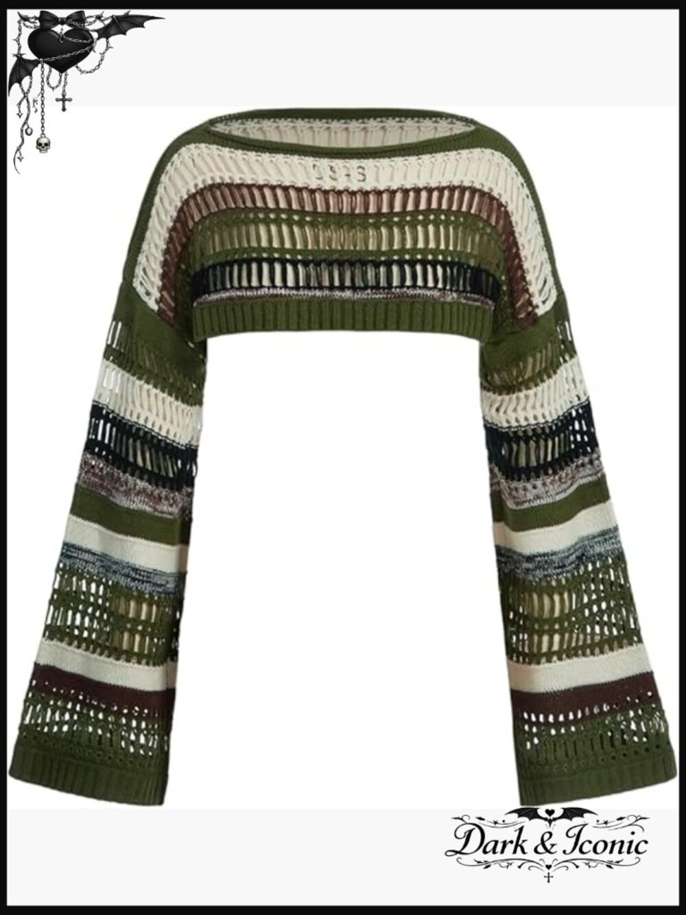 Cropped Crochet Pullover Sweater with Bell Sleeves and Boat Neck